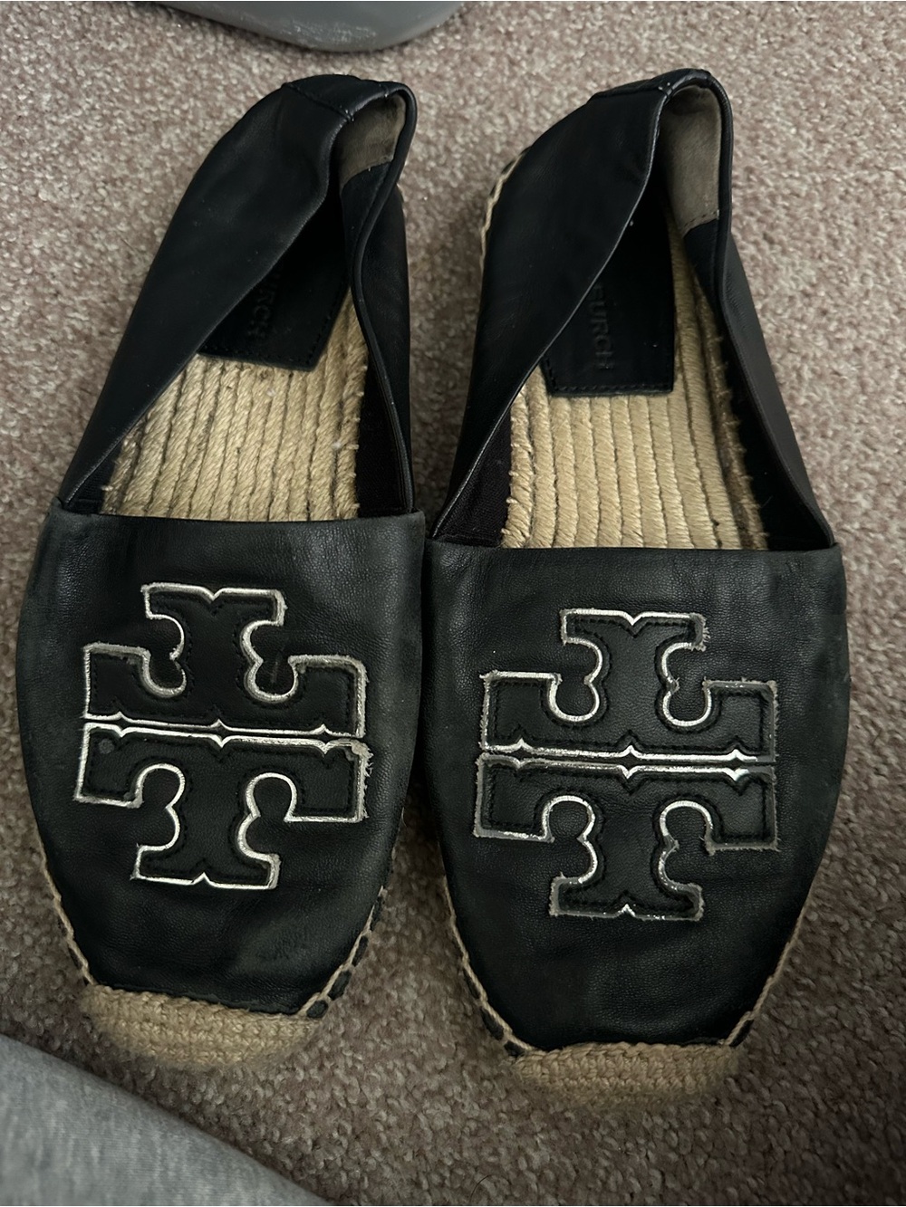 Tory Burch Black Leather Slip-On Espadrilles with Contrast Logo